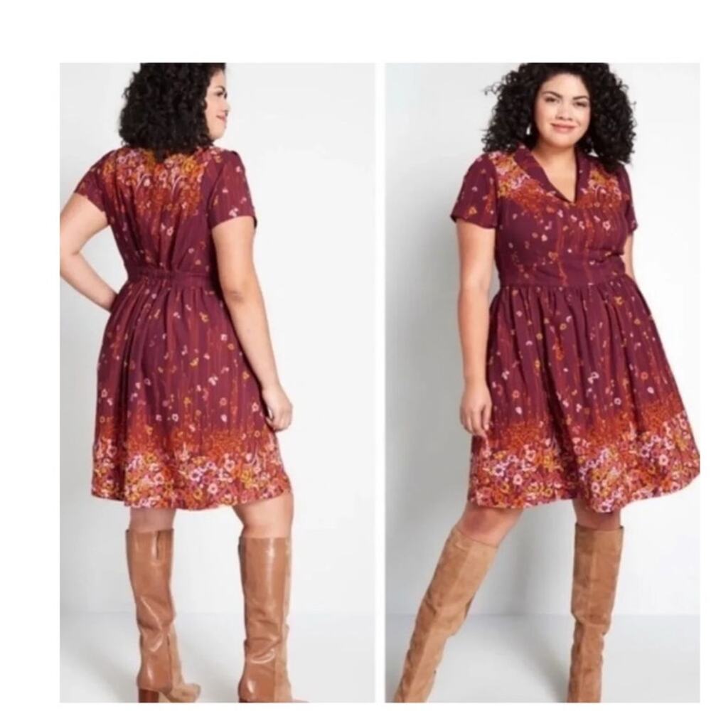 ModCloth Floral Burgundy Dress Fit & Flare Lively Identity Size Plus 1X
